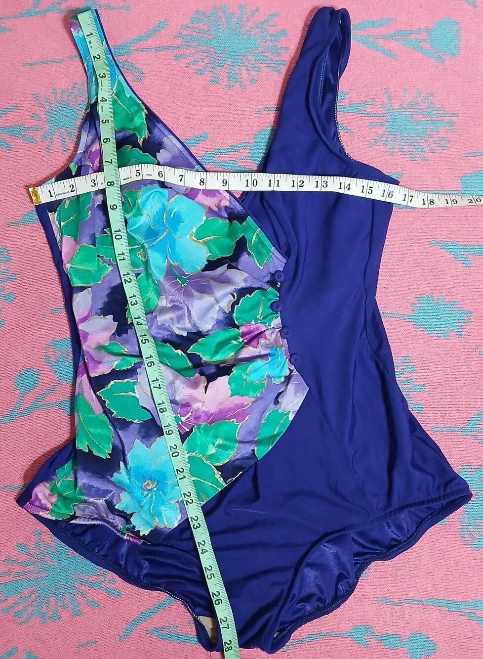 Vintage 80's Maxine of Hollywood womens size 18 one piece swimsuit green multi - Picture 2 of 8